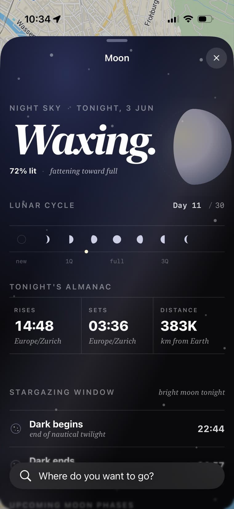 Das Mond-Widget von Ari mit Mondphase, Auf- und Untergangszeiten und Stargazing-Fenster für Zürich.