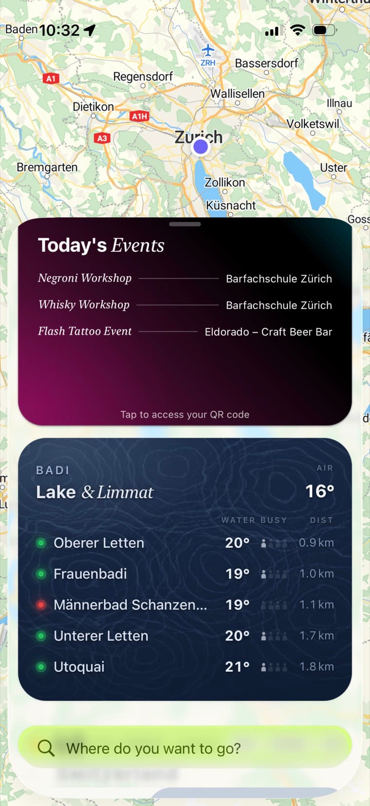 ARI's widget with today's events and the current water and air temperatures for Zürich's badis.